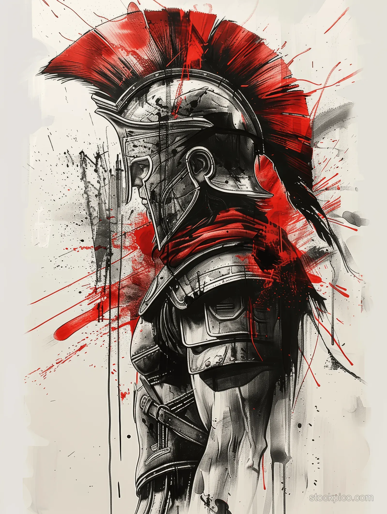 Roman legionary in silver armor and plumed helmet with red and black paint splatters behind him.