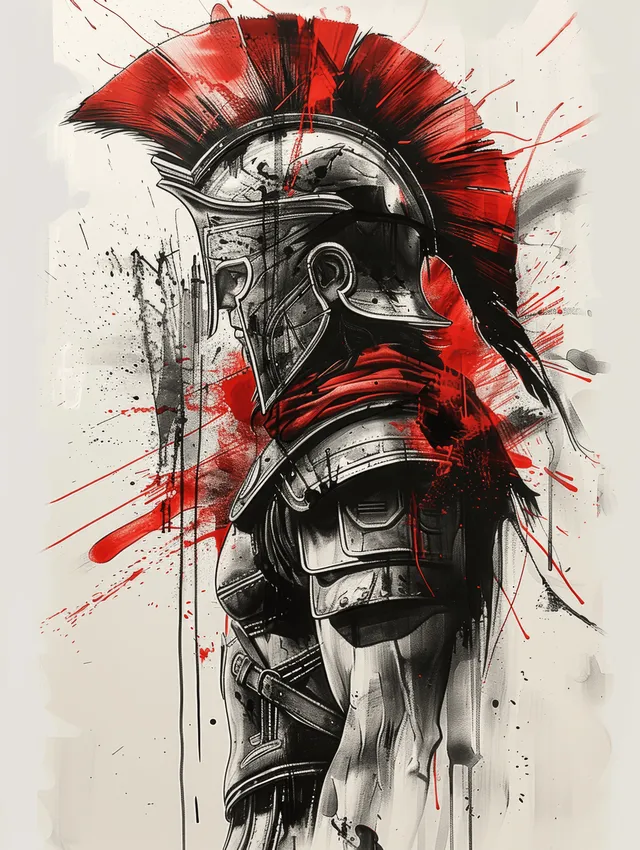 Roman legionary in silver armor and plumed helmet with red and black paint splatters behind him.