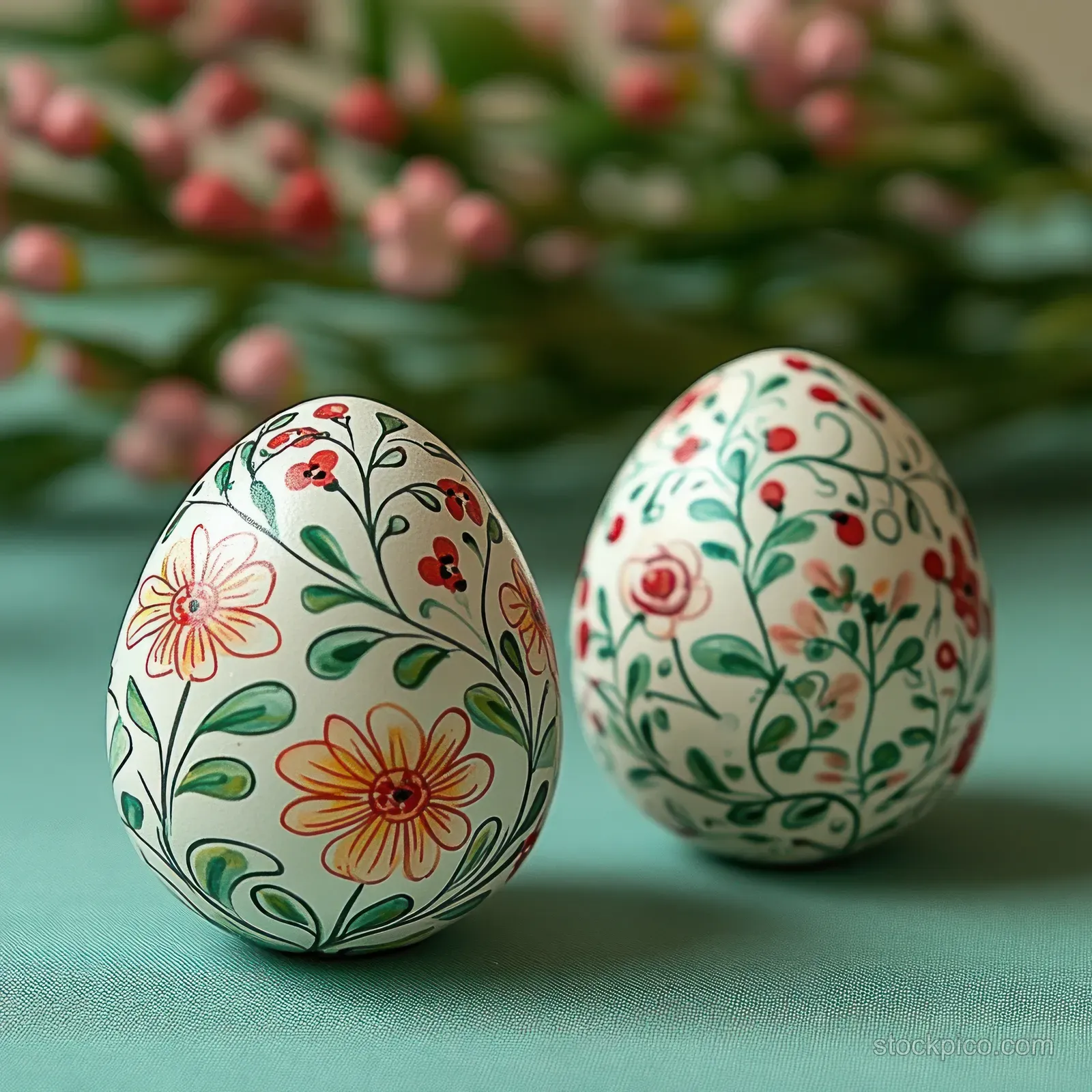Two hand-painted floral eggs with red and green leaf patterns resting on teal fabric while pink berries blur behind them.