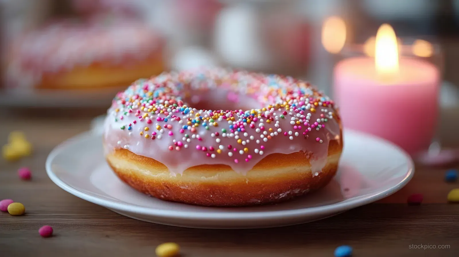Glazed doughnut covered in colorful sprinkles on a white plate with a lit candle blurred behind it.