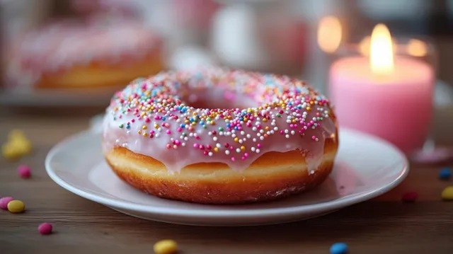 Glazed doughnut covered in colorful sprinkles on a white plate with a lit candle blurred behind it.