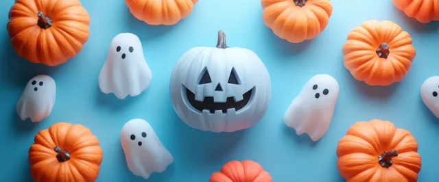 Colorful Halloween pumpkins and cute ghost figures surround a carved jack-o’-lantern on a pastel blue background.
