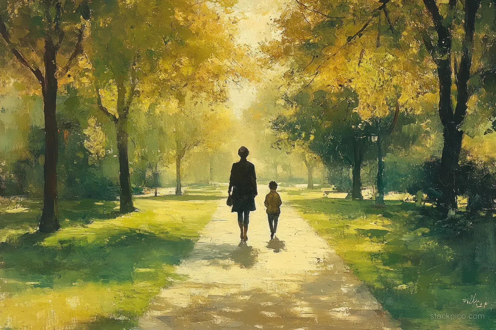 Indian mother and daughter run together on a sunlit park path lined with golden trees.
