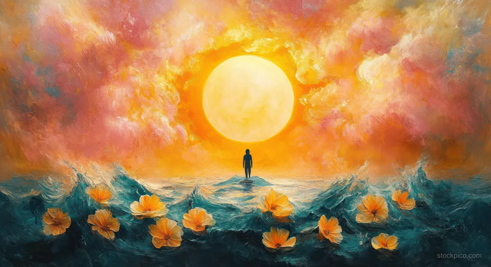 A lone silhouette stands on stormy ocean waves with orange flowers and a glowing sun beneath a swirling sky.