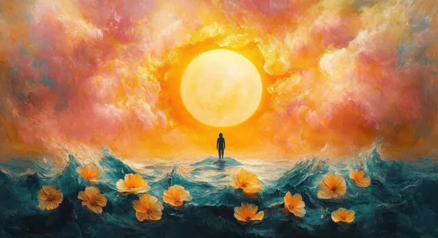 Silhouette standing on ocean waves as orange flowers and a glowing sun merge into swirling sky