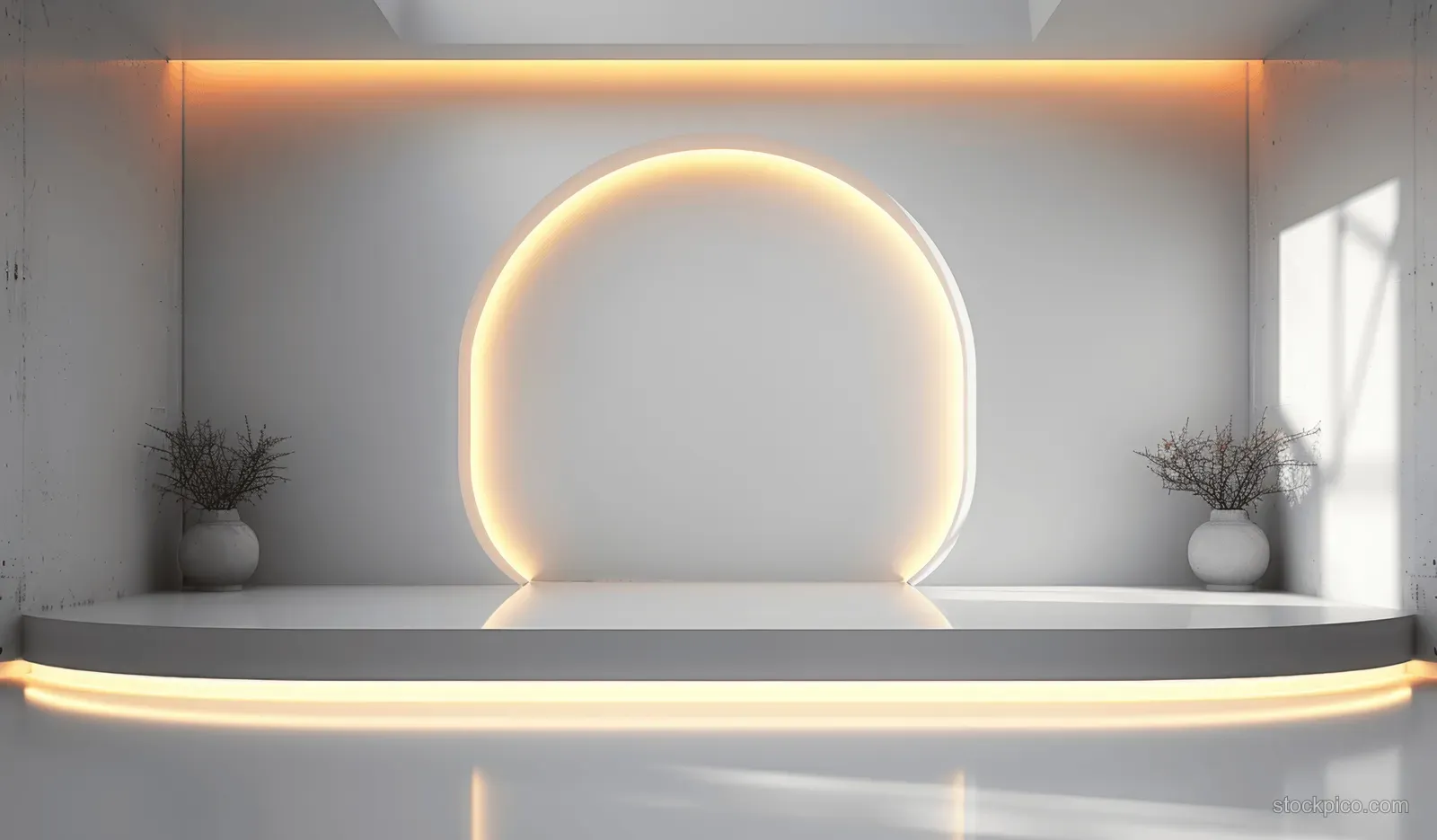 A white futuristic interior room with a glowing neon arch light above a minimal pedestal stage.