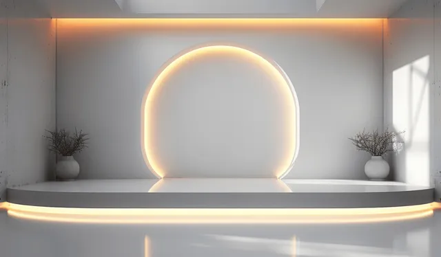 Futuristic white interior with neon arch light display and glowing pedestal stage