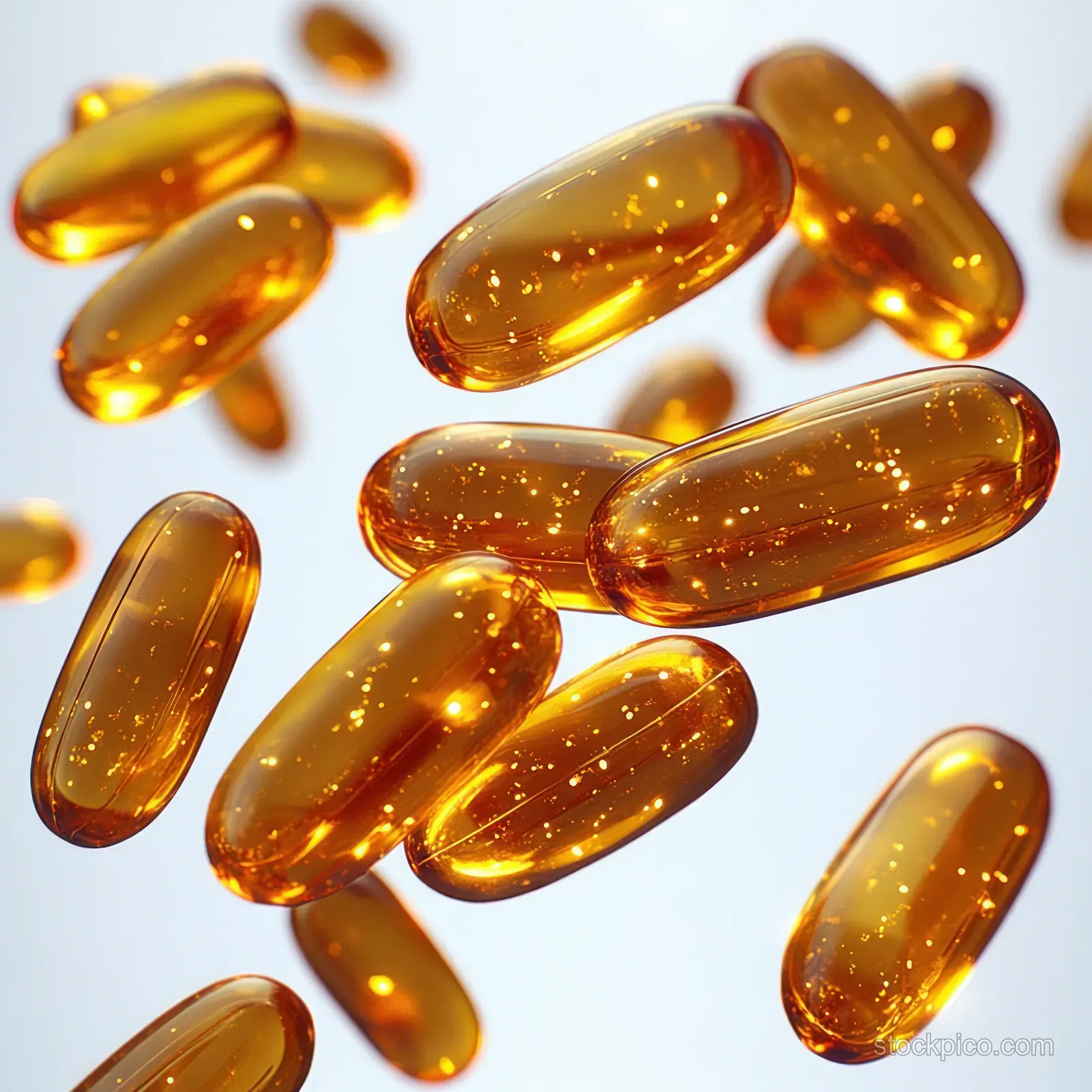 Translucent golden capsules float on a pale background, with sparkling particles visible inside each softgel.
