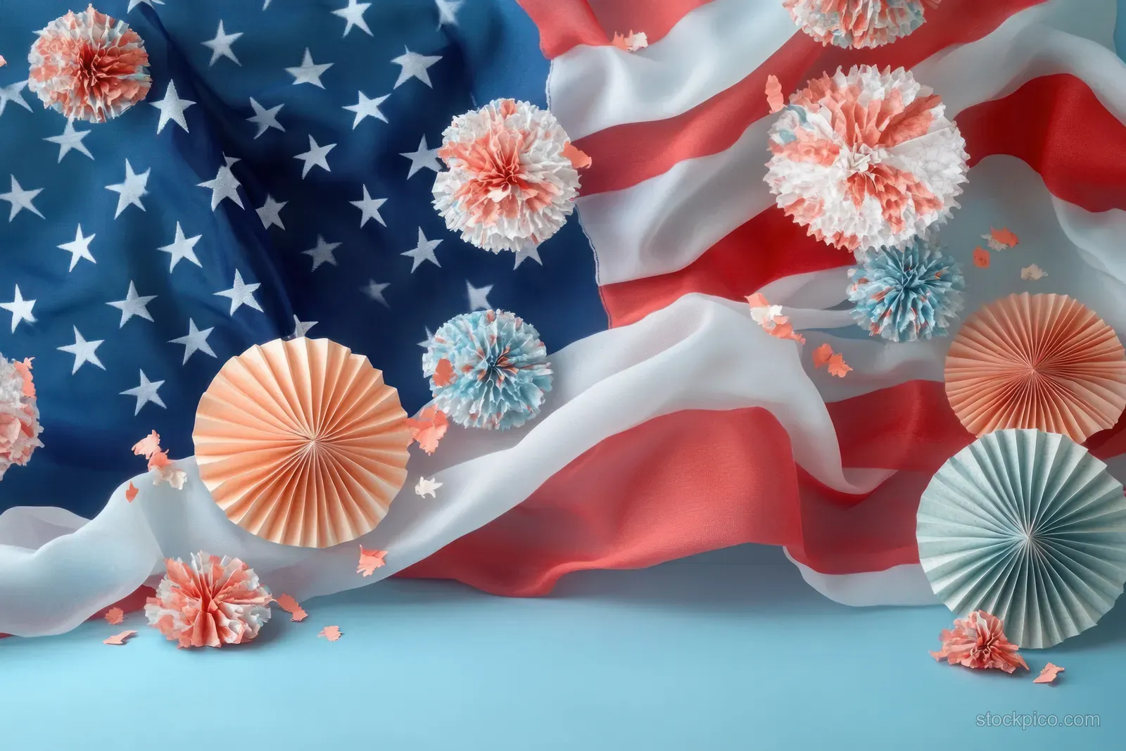 Red white blue American flag fabric covered with paper fans and pom-poms on a light blue background.