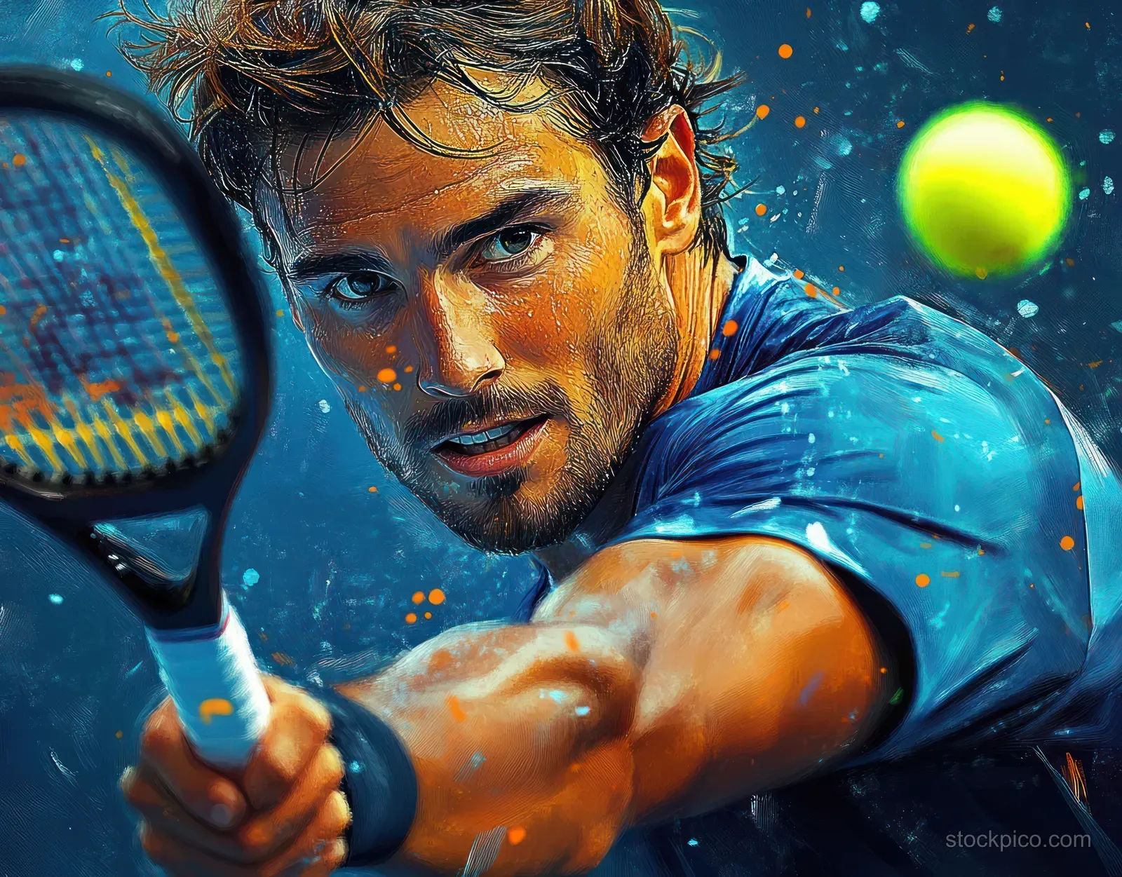 Male tennis player reaching forward with a racket toward a yellow ball.