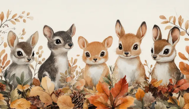 Whimsical watercolor forest animals gathered among autumn leaves and branches, soft pastel wash