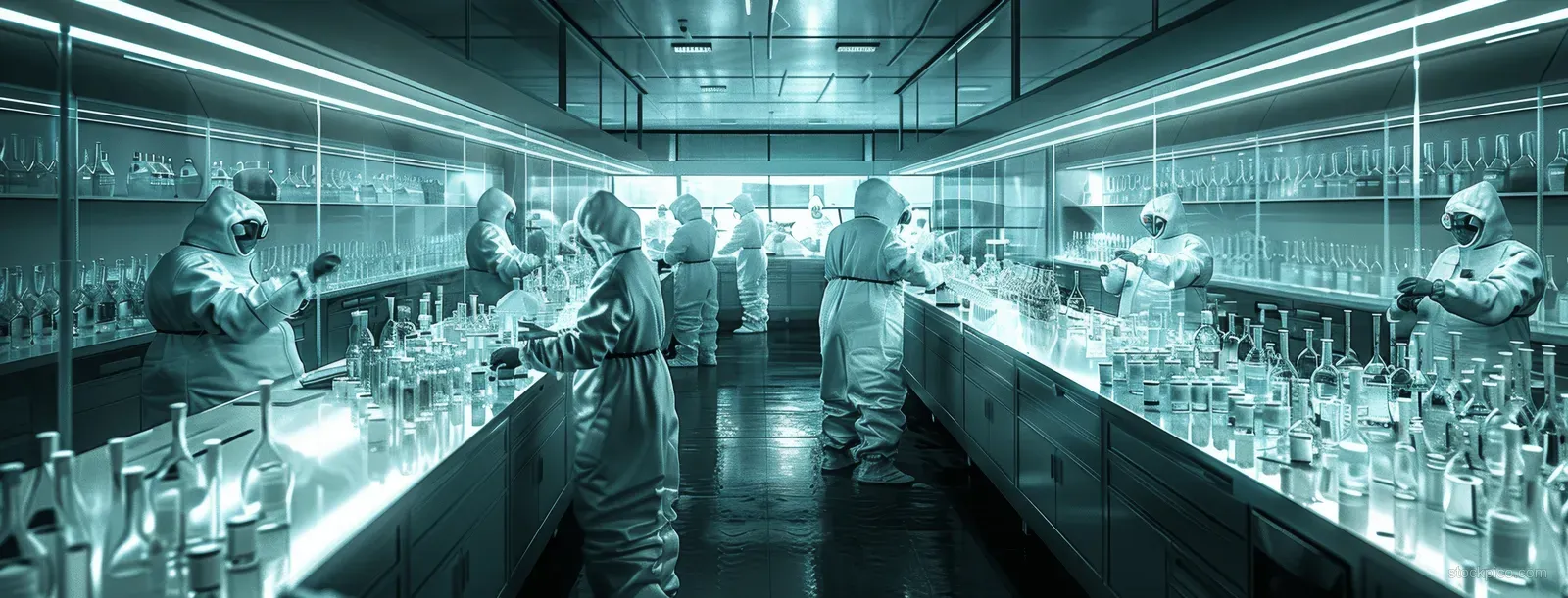 Technicians in protective suits work at a sterile pharmaceutical production line with rows of white bottles and bright overhead lights.