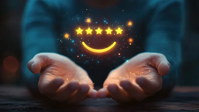 Cupped hands hold a glowing smiley and five light-star particles against a dark blurred background.