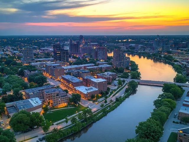 Aerial Cedar Rapids skyline over Cedar River at twilight with glowing city lights