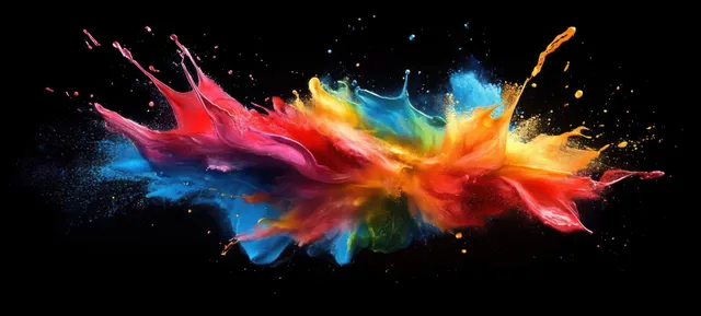 Rainbow paint splash explosion bursts across black background with dynamic liquid motion streaks
