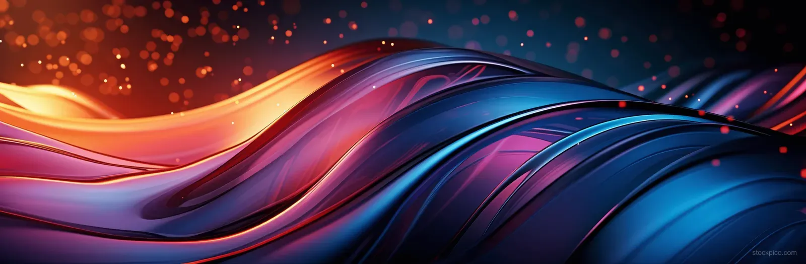 Neon glossy wave curves glow across a dark abstract gradient background with sparkling particles.