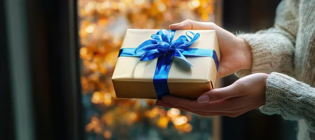 Hands exchanging a gift box with blue ribbon in warm natural window light
