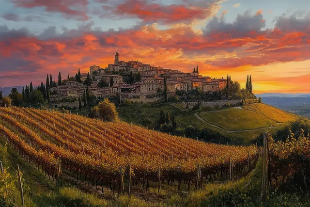 Sunset illuminates a Piedmont hilltop village above orderly vineyard rows and rolling hills.