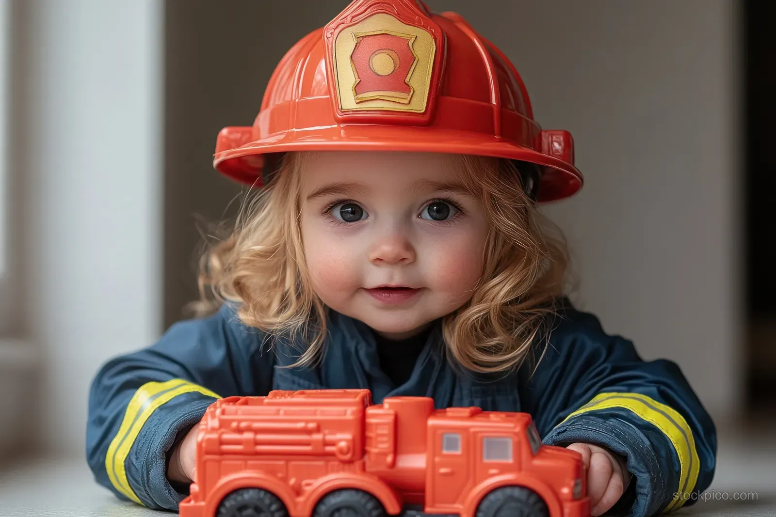 A toddler wearing a red firefighter helmet holds a red toy fire truck indoors.