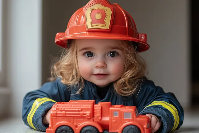 A toddler wearing a red firefighter helmet holds a red toy fire truck indoors.