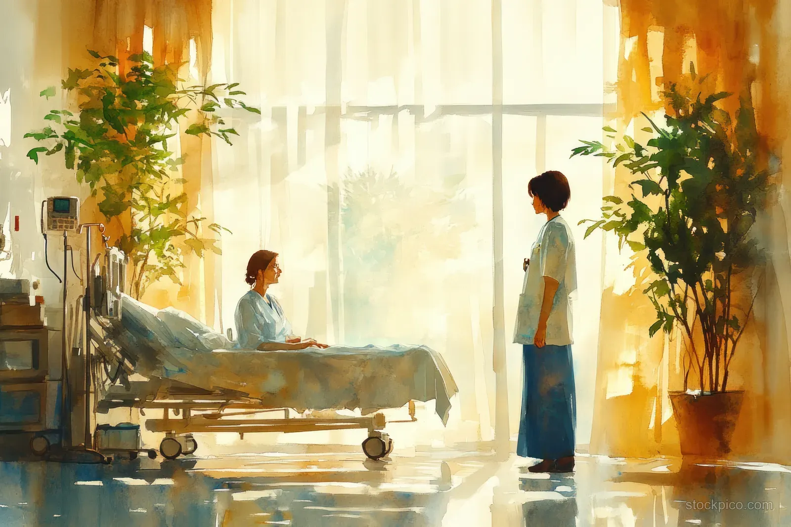 A nurse comforts a young cancer patient in a hospital room beside an IV stand and recovery bed.