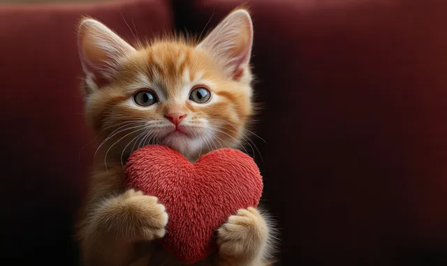 An orange kitten holds a red heart-shaped plush toy against a dark background.