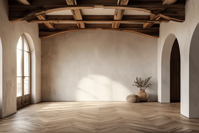 Minimalist interior room with arched windows and wooden ceiling beams in soft daylight