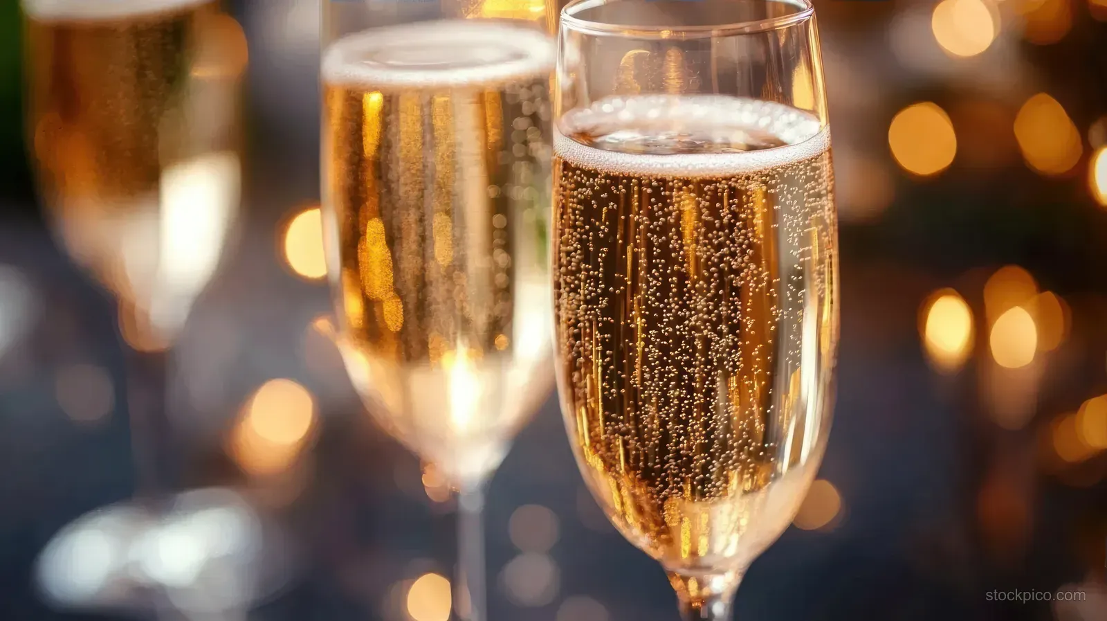 Three champagne flutes with golden sparkling bubbles and warm glowing bokeh lights in the background.