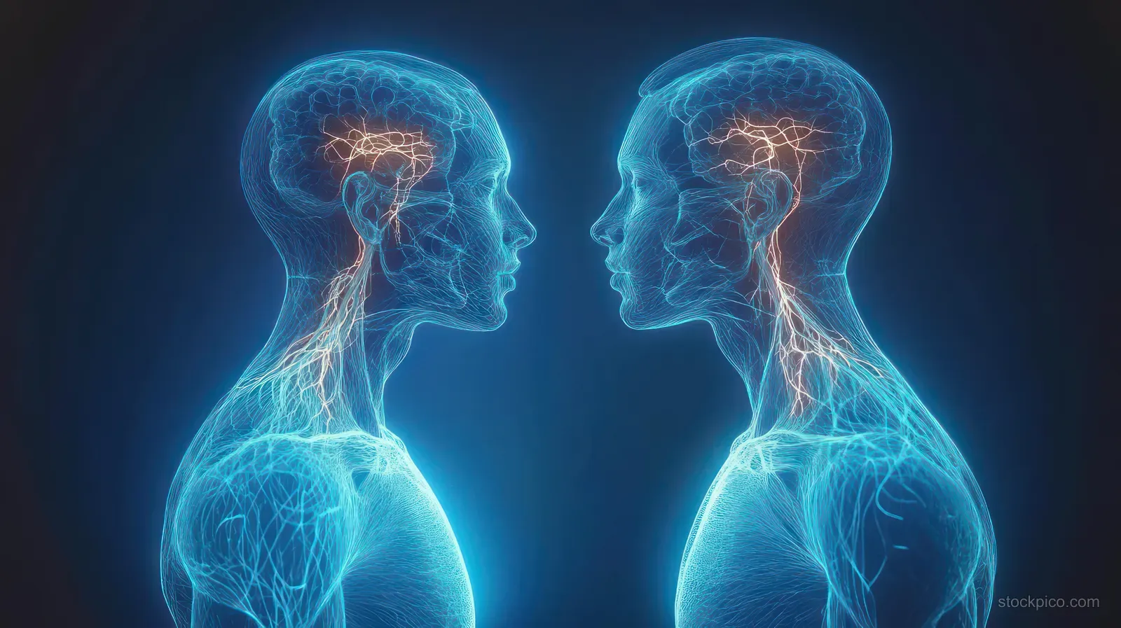 Two transparent blue neon human profiles face each other with glowing brain and neural pathway lines.