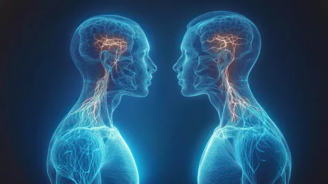 Two transparent blue neon human profiles face each other with glowing brain and neural pathway lines.