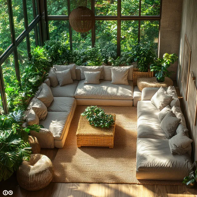 Scandinavian living room with rattan sofa, bamboo table, and sunlit indoor plants