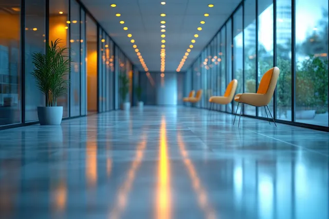 Soft-focus corporate office corridor with glass walls, a potted plant, and warm ceiling lights reflected on the polished floor.