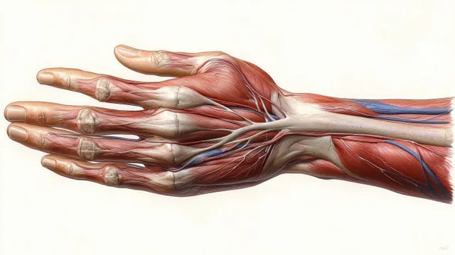 Anatomical illustration of a female hand ventral view with visible muscles, tendons, arteries, and veins.