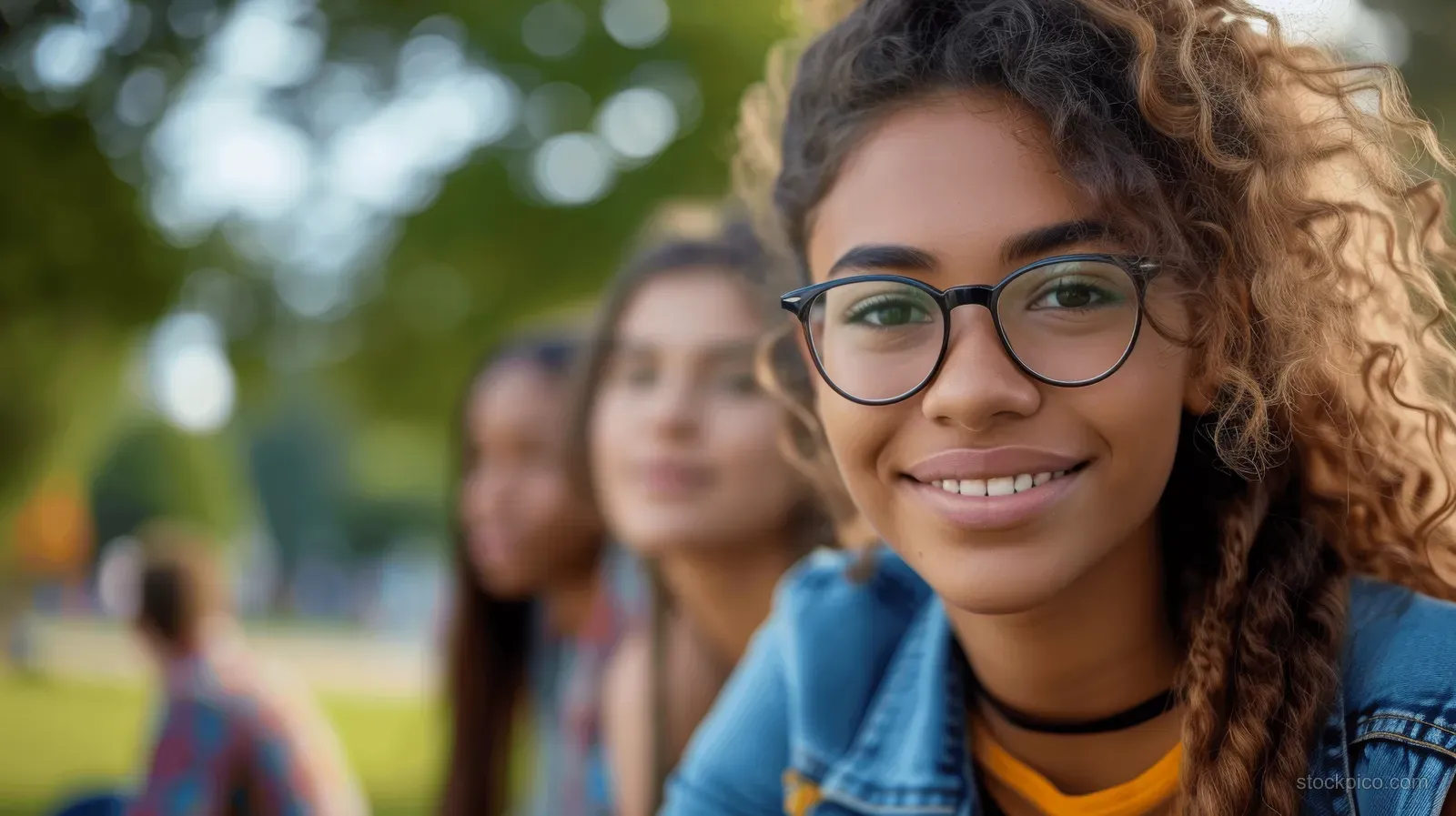 Young woman with curly hair and green glasses smiles outdoors in a park with peers blurred behind her.