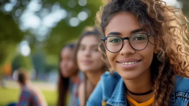 Joven con cabello rizado y gafas verdes sonríe al aire libre en un parque con sus compañeros desenfocados detrás de ella.