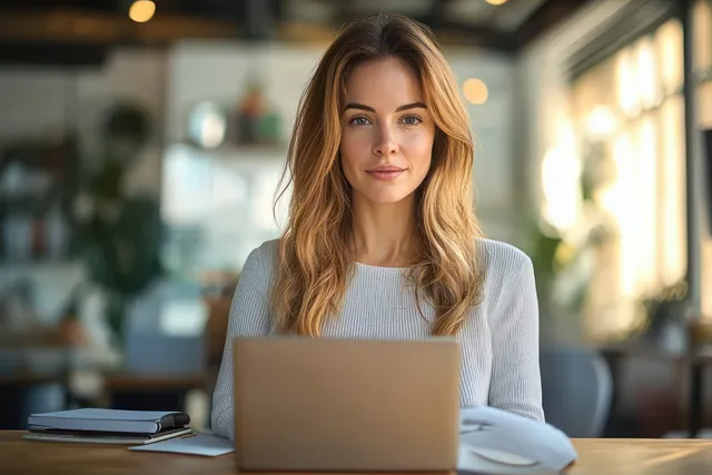Businesswoman Working on Laptop at Desk in Bright Office