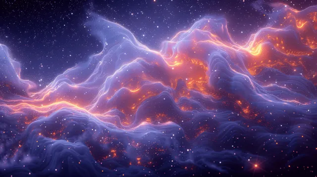 Glowing orange and blue lightning waves swirl through a grainy dark nebula starfield background.