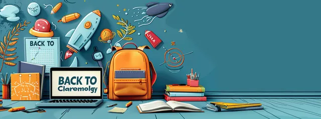 A backpack, laptop, books, and school supplies arranged on a blue desk with copy space.