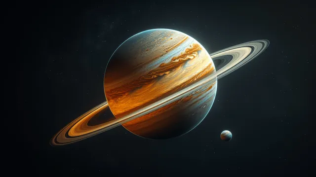 Saturn with glowing rings floats in dark space next to a small moon.