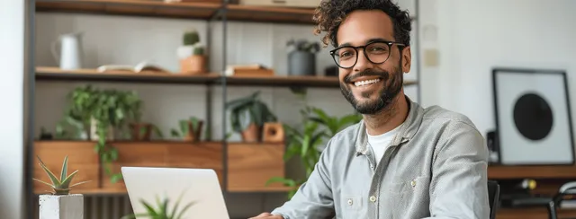 Smiling multicultural man working on laptop in minimal home office with plants and shelves