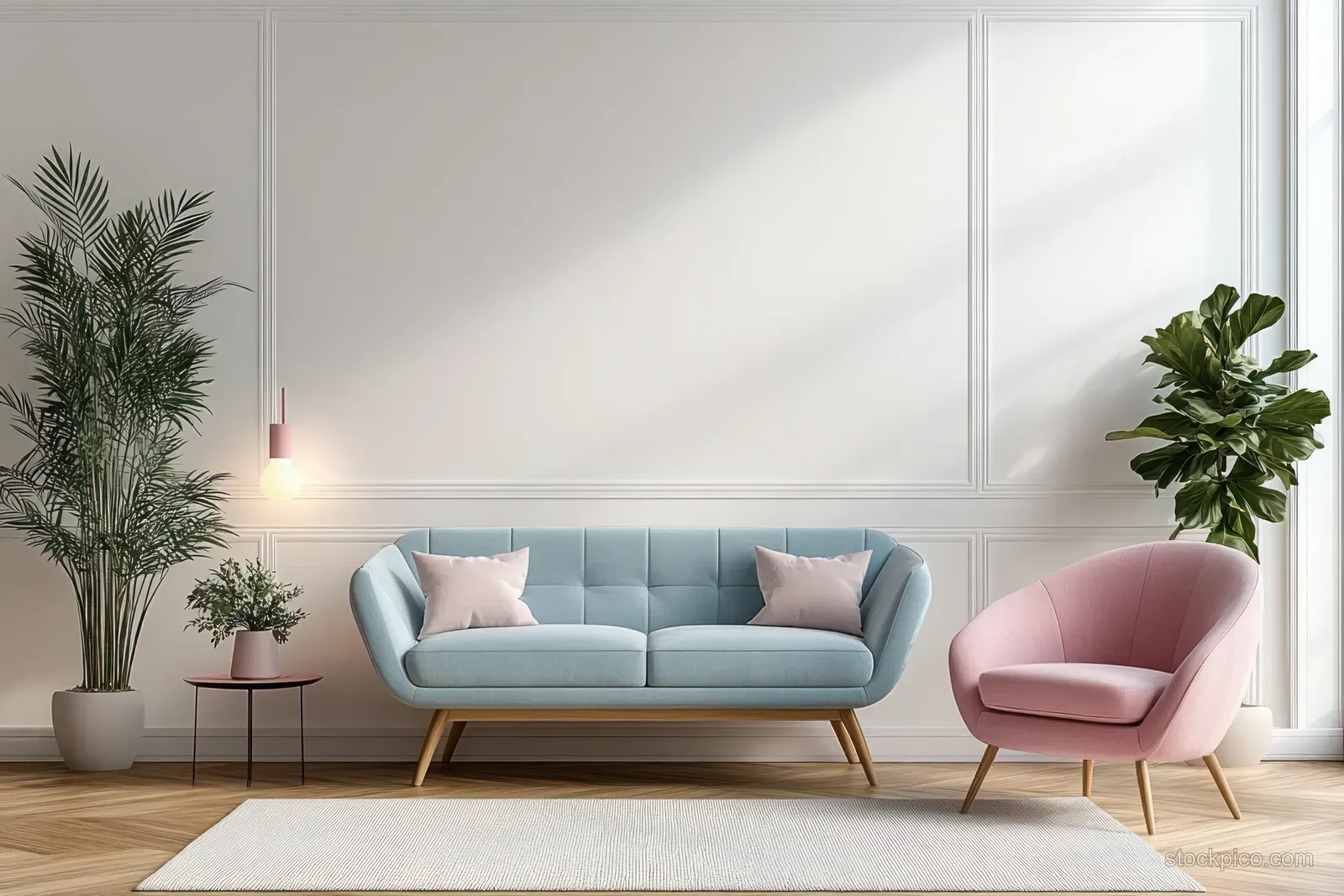 Pastel blue sofa and pink armchair in a Scandinavian living room with plants, rug, and soft ambient lighting.