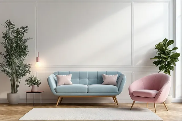 Pastel blue sofa and pink armchair in a Scandinavian living room with plants, rug, and soft ambient lighting.