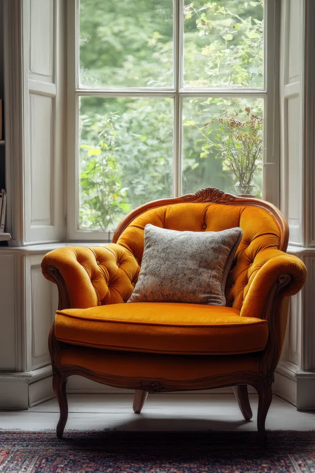 Golden-tinted vintage armchair with a decorative pillow beside a sunlit window and small winter decor accent.