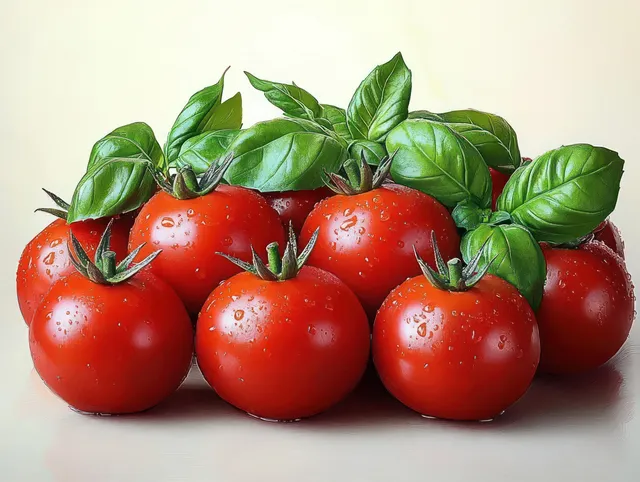 Ripe red tomatoes with green basil leaves and water droplets on a light background.