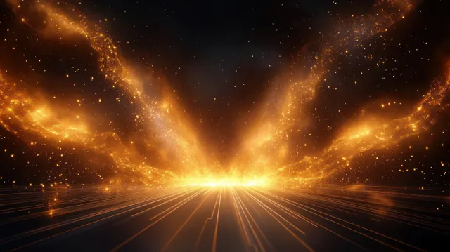 Golden sparks and radiating light beams burst from the center above a dark futuristic grid.