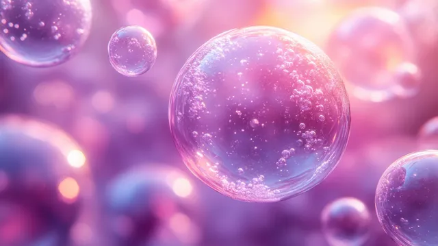 Translucent pink droplets float in a soft glowing background, suggesting hyaluronic acid hydration therapy.