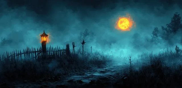Skeleton hands hold a lantern beside a haunted fence under a full moon with misty night shadows.