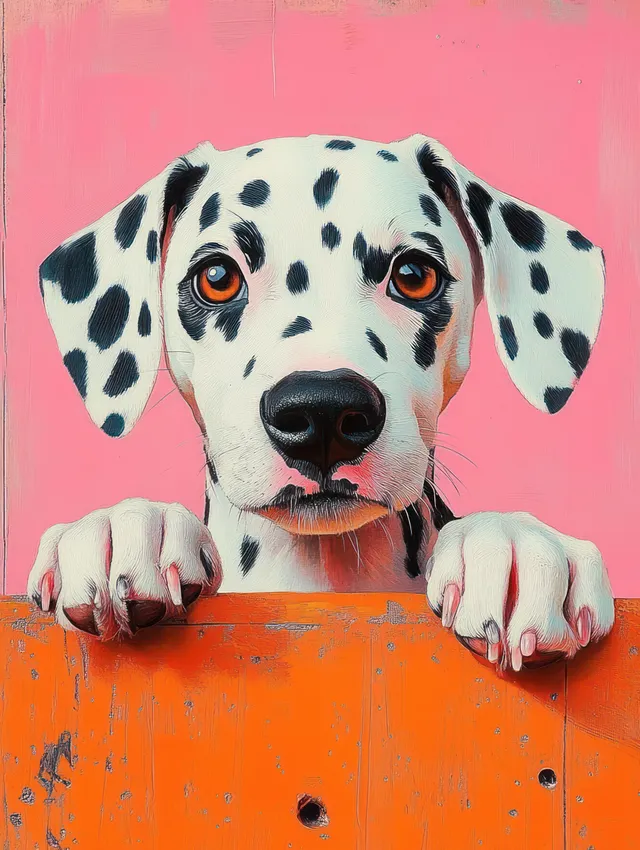 Dalmatian puppy with black spots leans on rough orange wood while looking at the camera against a bright pink background.