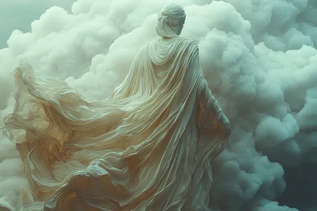 Jesus in flowing white robes stands above thick clouds with a radiant glow in a dramatic sky.