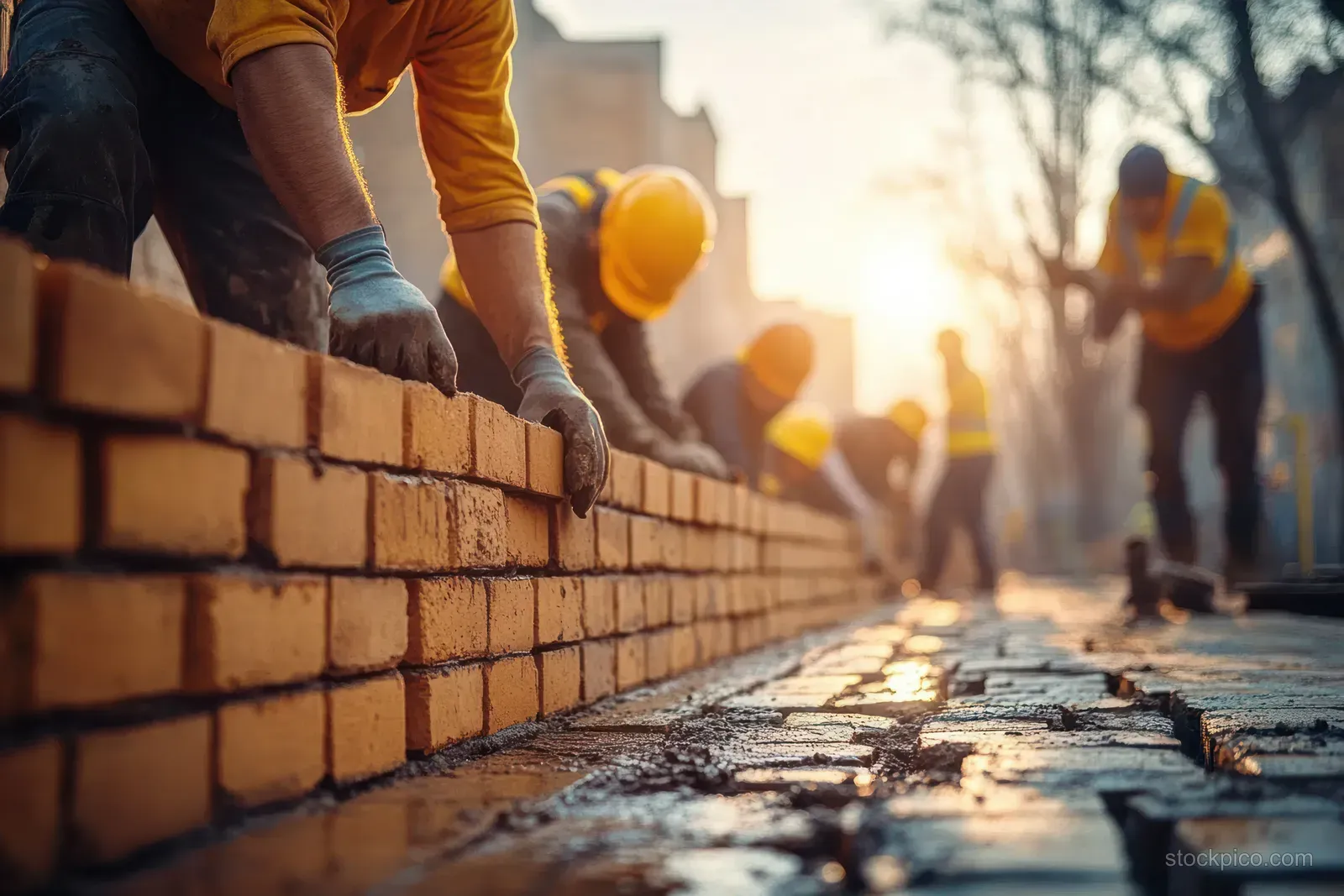 Workers in yellow helmets lay bricks in a straight row along a damp worksite under sunset light.